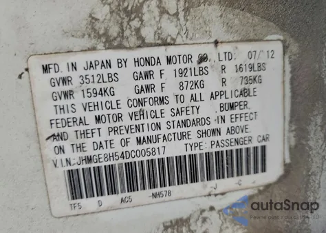 2013 Honda Fit Sport из США, поврежденный, VIN JHMGE8H54DC005817